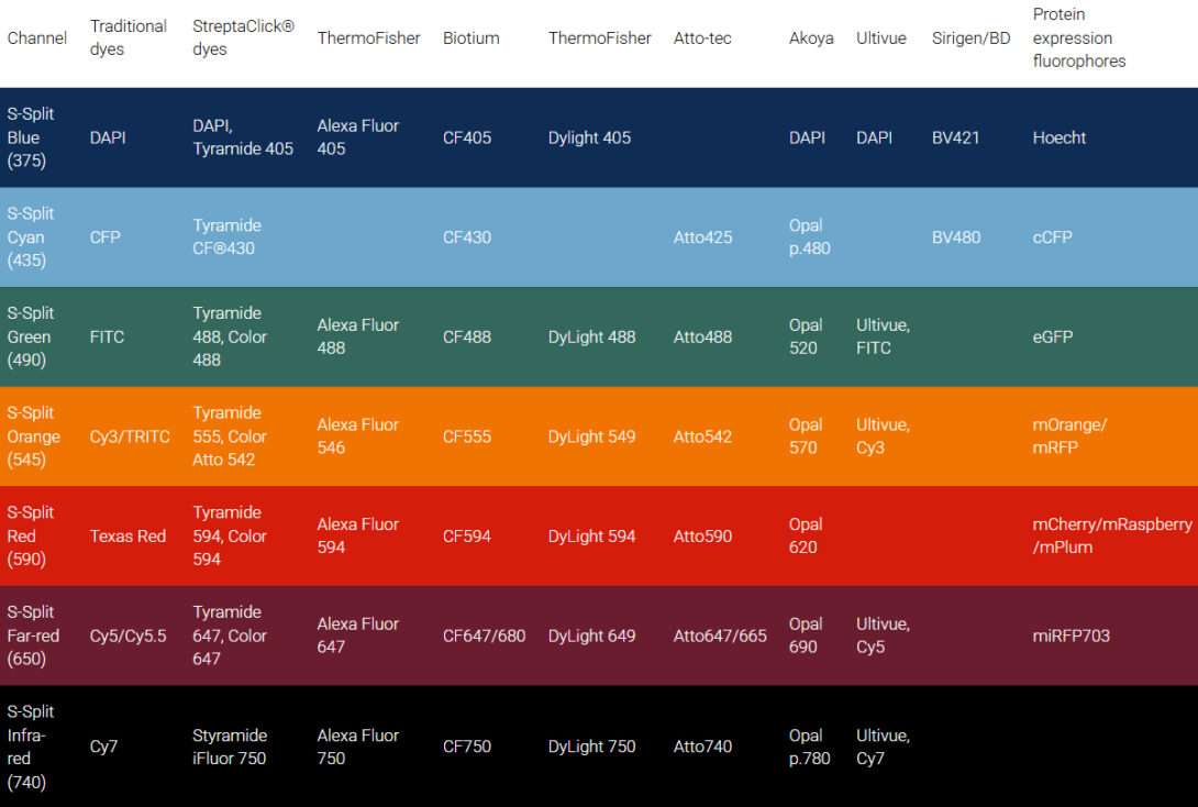 List of dyes compatible with the Kromnigon SpectraSplit® 7 filter set
